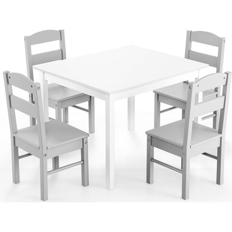 COSTWAY Kids Table & 4 Chairs Set Wooden Activity Table Table Furniture-Grey (1/5)