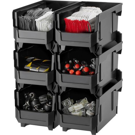 Bac à Bec Empilable Lot de 6 Bacs de Rangement Plastique, 37,7 x 21,5 x 18 cm, Boites Rangement Empilables pour Atelier, Garage, Petites Pièces, Fournitures de Bureau et Autres Accessoires, Noir (1/5)