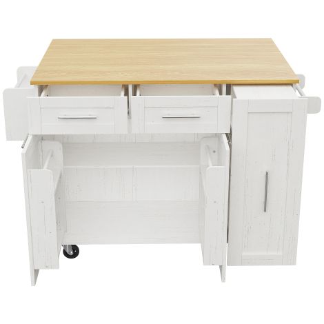 Desserte cuisine îlot blanc, plateau extensible, rangement bois