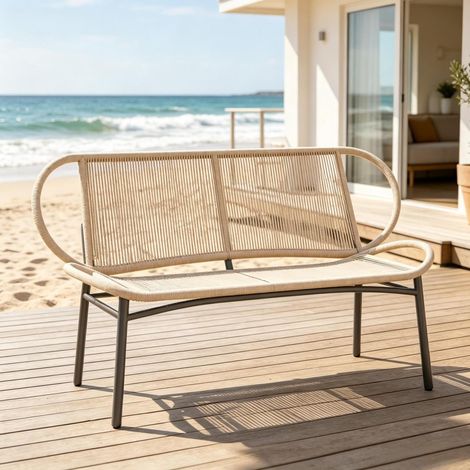 Panca da giardino 138x62x83 cm, 2 posti con seduta intrecciata traspirante, metallo e rattan PE, nero e legno naturale (1/5)