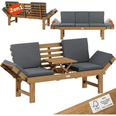 Canapé de jardin en bois avec table intégrée – 200 x 50 cm – 3 places – Banquette modulable en transat – Bois d’acacia certifié FSC – Résistant aux intempéries (1/3)