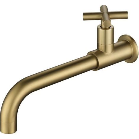 Antique brass wall-mounted cold water tap, long vintage garden tap, 360° rotating kitchen sink tap, cold water basin tap with cross handle for mop basin (1/4)