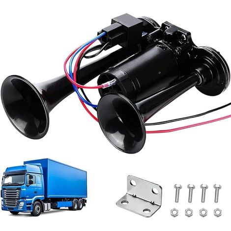 Klaxon Camion 24V, 120DB Klaxon de Voiture Super Puissant, Kit de Klaxon à Air Double Trompette avec Compresseur, pour les Véhicules 24V, Camions, Trains, Bateaux, Camionnettes (1/5)