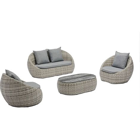 Set 4 Pezzi Salotto da Giardino 4 Posti Santorini con Divano 2 Poltrone e Tavolino in Polyrattan Grigio (1/5)