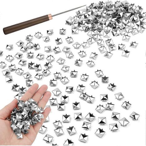 400 clous pyramidaux carrés de 10 mm, rivets à pointe métallique avec manche en bois, outil en forme d'alène pour vêtements punk rock. (1/5)