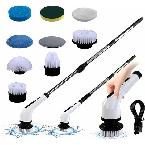 Brosse à récurer électrique sans fil, puissante brosse de nettoyage électrique avec 9 têtes de brosse remplaçables et extension réglable de 120 cm de long pour salle de bain, piscine, douche (1/5)