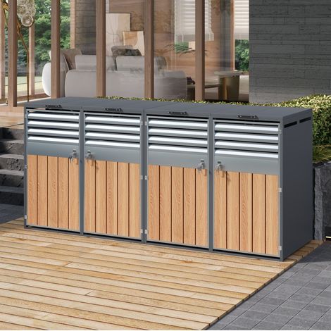 Abri pour poubelles extérieur en acier galvanisé gris et décor bois, 4 compartiments verrouillables avec couvercle hydraulique (1/5)