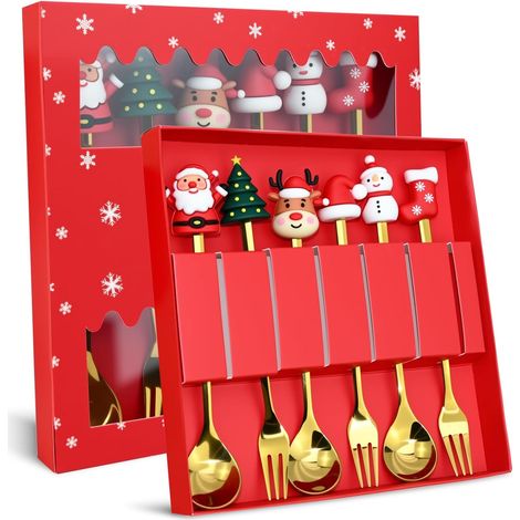 Weihnachtsbesteck, 6 Stück Geschenk für Mädchen Kinder 5 6 7 8 9 10 Jahre, Weihnachts-Kaffeelöffel, Weihnachtslöffel, Besteck, Kinder Stahl, süße Gabeln, mit Geschenkbox (1/5)