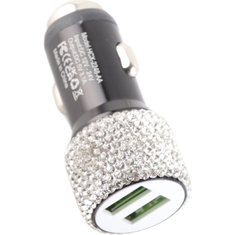5V USB-Autoladegerät mit Strasssteinen, Schnellladeadapter mit zwei Anschlüssen, Auto-Innenausstattung, Weiß (1/5)