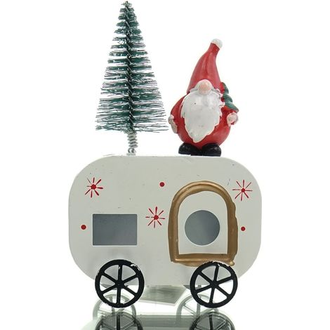 GASPER Weihnachtsdeko Wohnwagen mit Wichtel Weiß & Rot 15,5 cm - Metall & Poly (1/3)