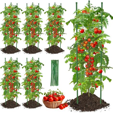 6pcs - Tuteur Tomate - Cage à Tomates - Support Plante Grimpante - Structure Triangulaire Acier - Pour Jardin Extérieur Légumes Fleurs - Vert - 130cm