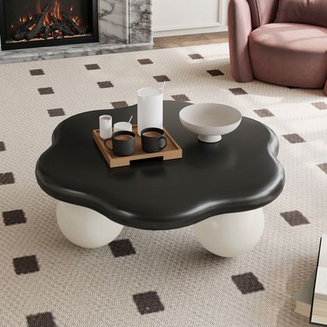 Table basse nuage bicolore 80cm, plateau noir et pieds blancs sphériques, design pétale minimaliste moderne, sécurisée enfants & animaux, idéale petit appartement.