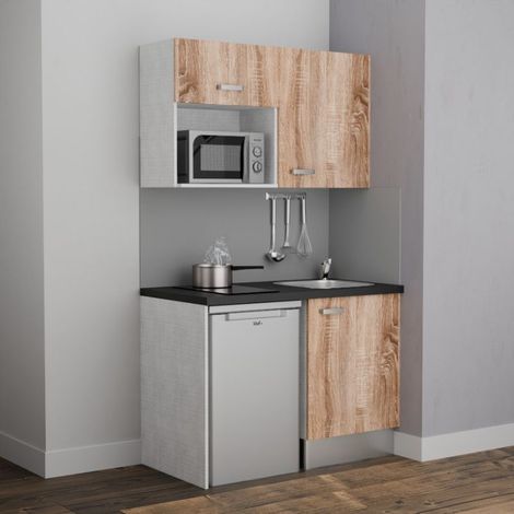 Kitchenette K07L-PT - 120 cm avec plan de travail et évier, emplacements frigo et micro-ondes - Façade Bois - Plan Noir texturé - Evier Inox - Crédences Non