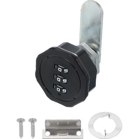 Serrure à combinaison à came en alliage de zinc, sans clé, avec code à 3 chiffres, cylindre de 5/8" et finition chromée, pour classeur, tiroir ou placard, noir. (1/5)