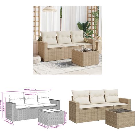 4-tlg. Garten-Sofagarnitur mit Kissen Beige Poly Rattan - Gartenmöbel - Sofasatz - Rattan Möbel - Outdoor Sofa - Lounge Set - Home & Living (1/3)