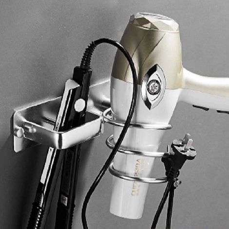 1 support sèche-cheveux en acier inoxydable, mural et résistant à l'humidité, rangement salle de bain (1/4)