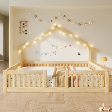 DESMIU Lit Cabane 140 × 200 cm avec Barrière de Sécurité et Guirlande Lumineuse, sans Matelas, en Bois, Naturel (1/5)