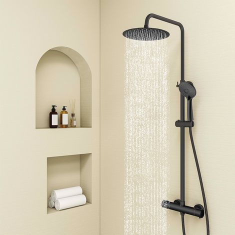AICA ITALY Colonna Doccia con Miscelatore Termostatico, Sistema Doccia Antiscottatura, Set Doccia con Soffione 25cm a Pioggia e Doccetta a 3 getti, Altezza Regolabile 75-130cm nero