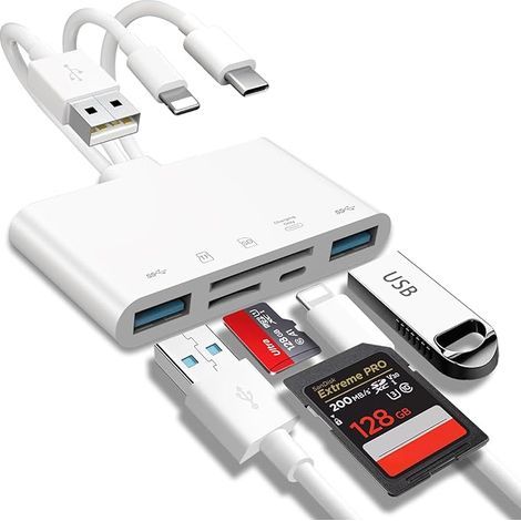 Lecteur de cartes mémoire 5 en 1, adaptateur USB OTG et lecteur de cartes SD pour iPhone/iPad, appareils USB C et USB A avec emplacements pour cartes Micro SD et SD (1/5)