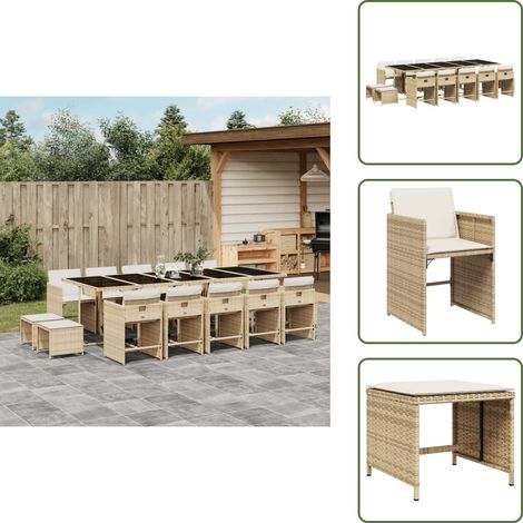 15-tlg. Garten-Essgruppe mit Kissen Beige Poly Rattan - Gartenmöbel Set - Gartentisch - Gartenstühle - Gartenhocker - Rattan Möbel