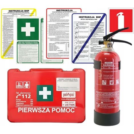 Kit complet de santé et sécurité au travail pour les entreprises : trousse de premiers secours, extincteur de 2 kg, signalisation obligatoire