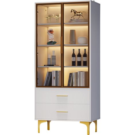 ELVMI Vetrina con 2 Ante, 2 Cassetti, 3 Ripiani di cui 2 Regolabili e LED, per Soggiorno, in Pannelli, Bianco, 70 x 35 x 150 cm (1/5)