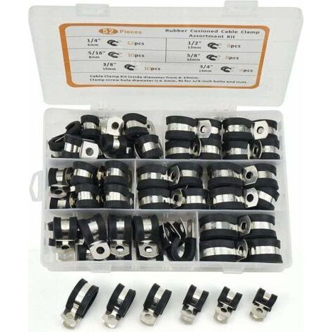Collier de serrage Assortiment en caoutchouc, Caoutchouc Collier Serrage P Clips Tuyau Pinces Acier Inoxydable Pinces Caoutchouc Coussin Colliers 6 Tailles 1/4" 5/16" 3/8" 1/2" 5/8" 3/4",(52pcs