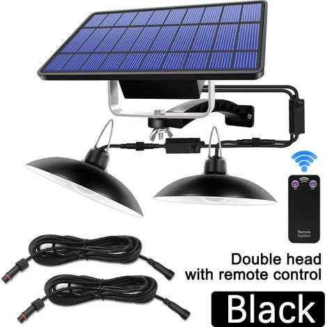 Suspension solaire double tête (blanche, noire, RF) améliorée avec câble de 3 m, étanche IP65 et télécommande, compatible avec abri de jardin et intérieur. (1/5)