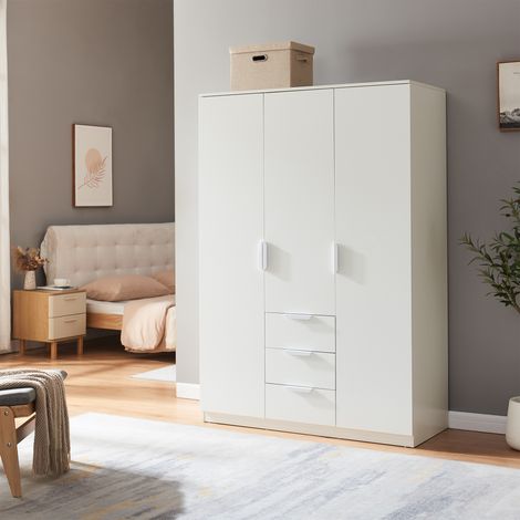 Armario Ropero Eiselfing (3 puertas 2 percheros 4 compartimentos 3 cajones) MDF 176x120x52 cm - Blanco [en.casa] (1/5)