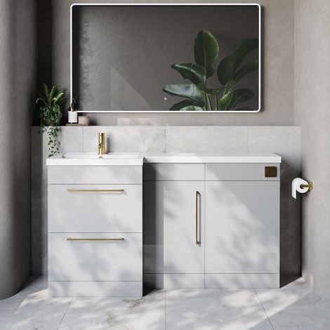 Napoli 390 Gloss Grey Pearl 1500mm 2 Drawer Vanity Unit Toilet Suite with Left Hand Square Lucia Basin - 1500mm - Brushed Brass 320mm HandleWithout Kingston Toilet Pan