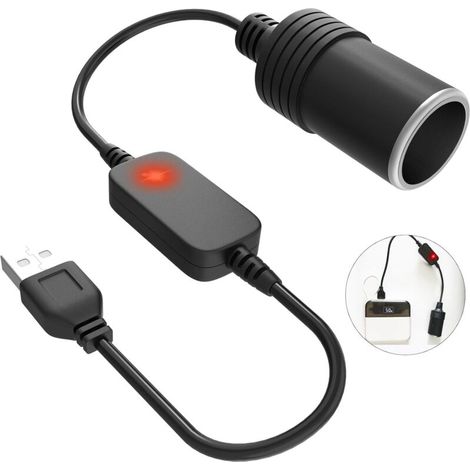 Adaptador de enchufe USB-A de 5V a 12V para encendedor de cigarrillos - Conector USB de 30 cm - Para encendedor de cigarrillos de coche - Tacógrafo - Cámara GPS DVR (menos de 8W)