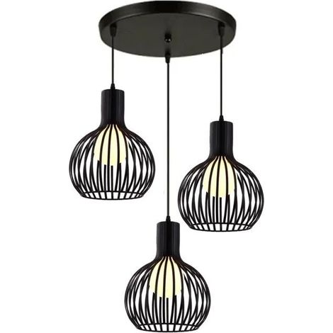 3 Tête Suspension Filaire en Fer Vintage Lustre Lampe Cage Gourde Industrielle pour Chambre Salon (1/2)