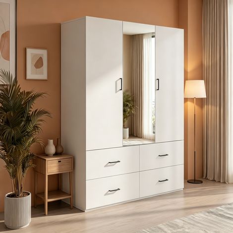 JOOKGBD-Armadio 2 Ante con 4 Cassetti e Specchio,Mobile da Giorno Polivalente per Camera,Soggiorno o Ingresso,Guardaroba Integrato,Spazio Ottimizzato,Bianco