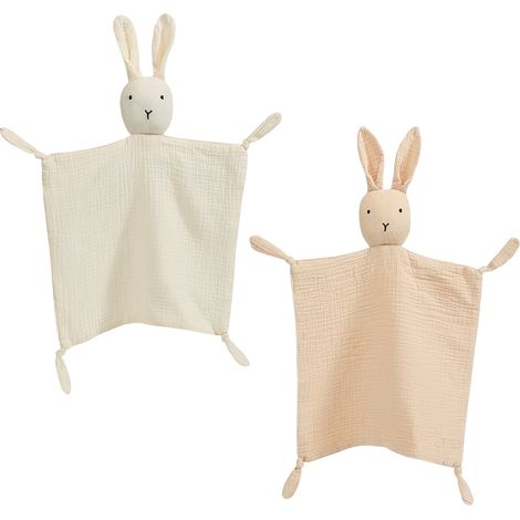 2 doudou lapin en mousseline de coton biologique, 25 x 25 cm, couverture de sécurité pour nouveau-nés et nourrissons (1/5)