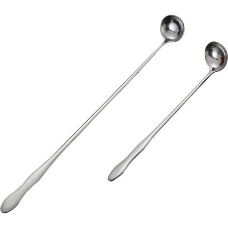 Ensemble de 2 cuillères à long manche, pilon, cuillère en acier inoxydable, compatible lave-vaisselle, type cuillère à confiture, pratique, de 26 et 32 cm.