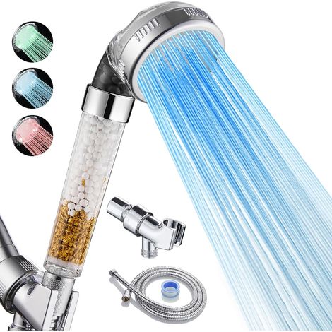 Cobbe LED-Duschkopf mit Filter, Handbrause, Farbwechsel, Hochdruck-Duschkopf mit Filter, wassersparende Handbrause mit Schlauch und Basis für trockene Haut und Haare (1/5)