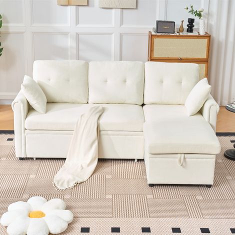 Canapé d’angle convertible beige en chenille avec coffre (1/5)