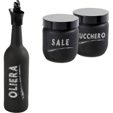 SET DA TAVOLA CON OLIERA. BARATTOLO DI SALE E ZUCCHERO IN VETRO SATINATO NERO (1/5)