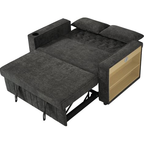 Divano letto multifunzione grigio in ciniglia con vano portaoggetti, 2 posti, USB e portabicchieri (1/5)