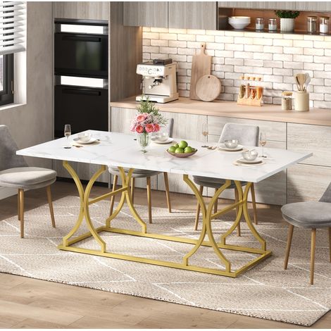 Esstisch 200x80x76 cm Weiß und Gold aus MDF in Marmoroptik mit kratzfester Oberfläche und verstellbaren Gleitern (1/5)