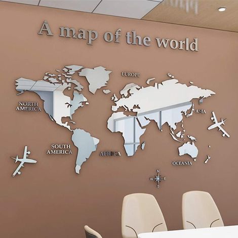 NineClouds Carte du Monde 3D Stickers Muraux Décoration Murale Pour Maison Bureau étude Salon Canapé Fond Stickers Murau En Trois Dimensions Décoration (argent,M) (1/5)