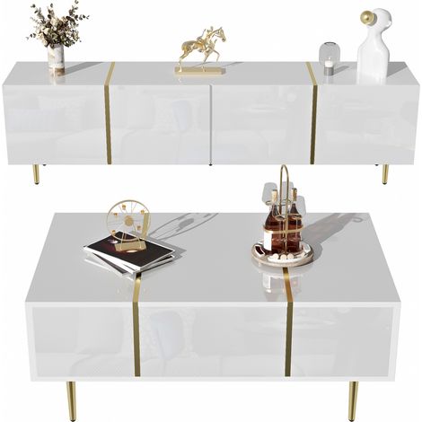 Set de mueble TV y mesa de centro blanco alto brillo con detalles dorados (1/5)