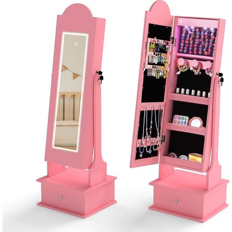 Mobiletto portagioie per bambini con specchio e luci a LED, rosa