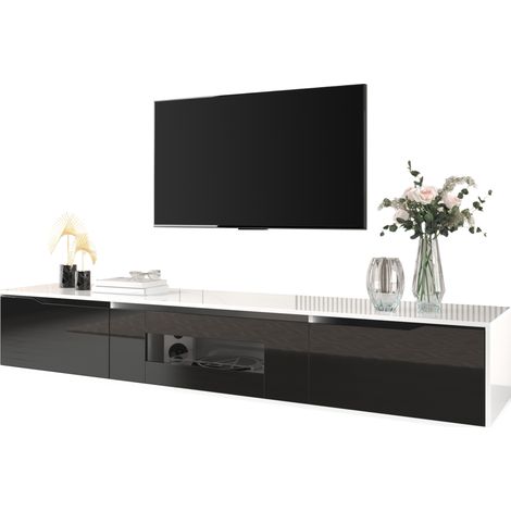 Mobile TV sospeso moderno 180 cm bianco e nero lucido, con LED a 16 colori e 4 modalità, ante scanalate, montaggio a parete, salvaspazio CHICFURN (1/5)