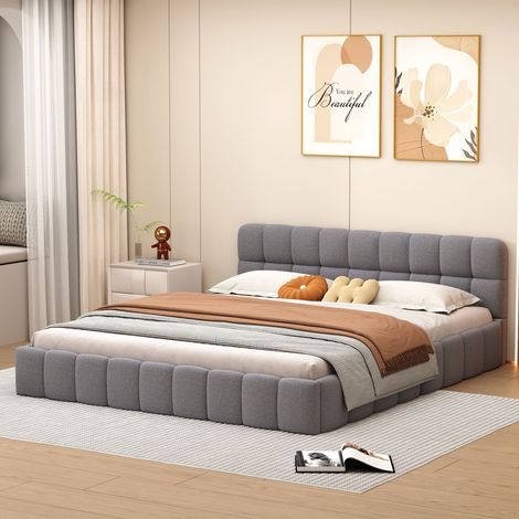Letto matrimoniale 140x190 cm - Letto matrimoniale imbottito a pavimento con testiera e rete a doghe - lino - grigio