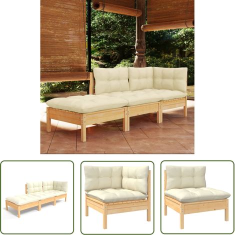The Living Store Salon de jardin 3 pcs avec coussins crème Bois de pin massif - Salon De Jardin - Mobilier De Jardin - Ensemble Salon De Patio - Meubles De Jardin - Bois De Pin (1/5)