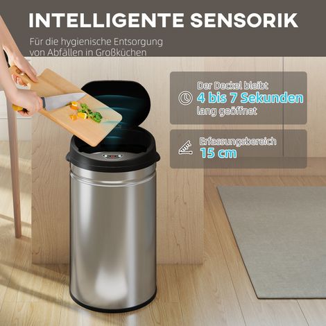 Poubelle à capteur 30 L en acier inoxydable, fermeture silencieuse et sans contact, idéale pour une cuisine propre et hygiénique.