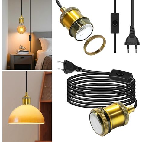 Suspension Luminaire en Laiton Vintage, 5.1M Lampe Suspendue à Câble Rond Noir, Plafonnier Industriel à Prise et Interrupteur, Support de Lampe E27 en Cuivre, Kit de Lampe Rétro pour Abat-jour DIY (1/5)