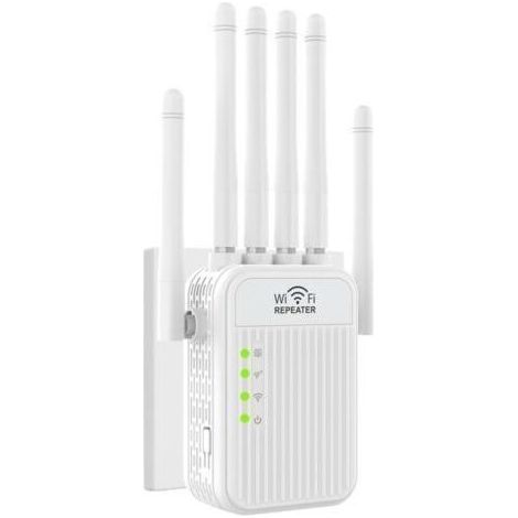 Répéteur WiFi, Puissant amplificateur de Signal WiFi, 6 antennes, 2 Port LAN, WiFi/Extender 2,4 GHz, Couverture jusqu'à 1200 m², idéal pour Le Bureau et la Maison, Installation Facile (1/4)