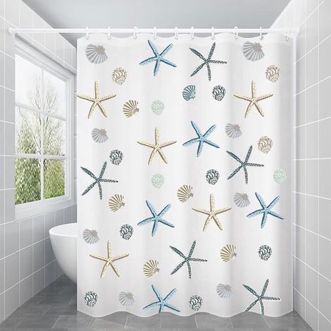 Rideau de douche - 200 x 220 cm - Blanc - Motif étoiles de mer - Avec anneaux et crochets métalliques - Imperméable et antibactérien - Matière PEVA (1/5)